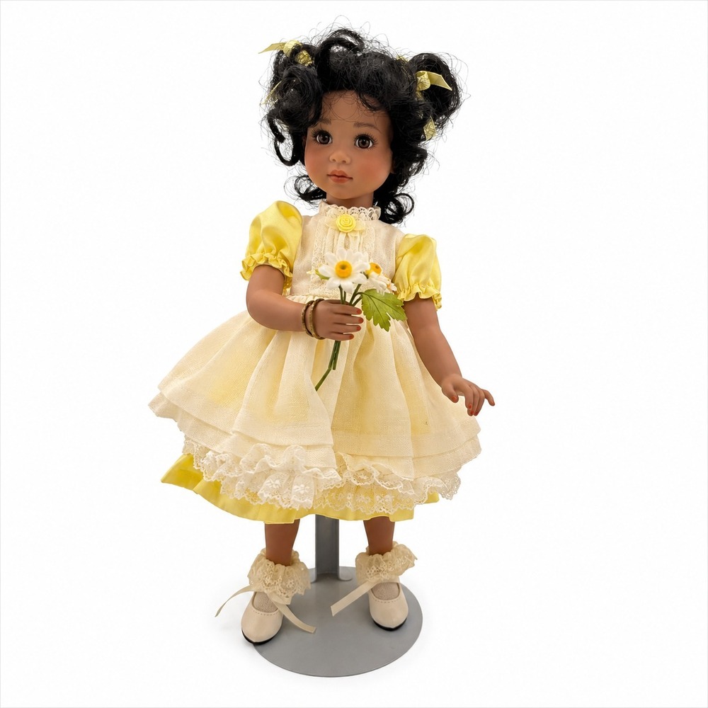 VTG Collectible 14 " African American Porcelain Doll Yellow Lace Dress w Stand
